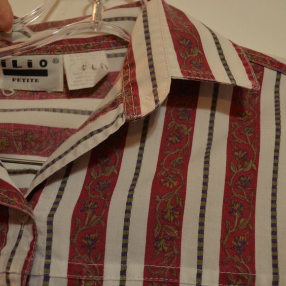 ILIO (R) Petite Button-Down Long Sleeves Red-White Stripes Shirt (P)/(S) - Picture 6 of 6